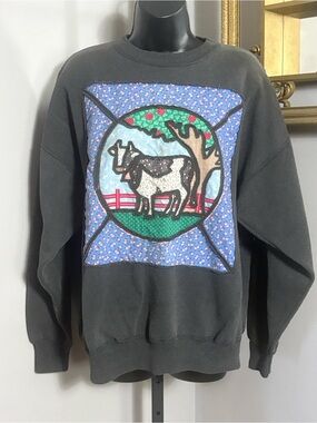 VINTAGE 1990s Hanes XL Black Crewneck Colorful Cow Applique Patchwork